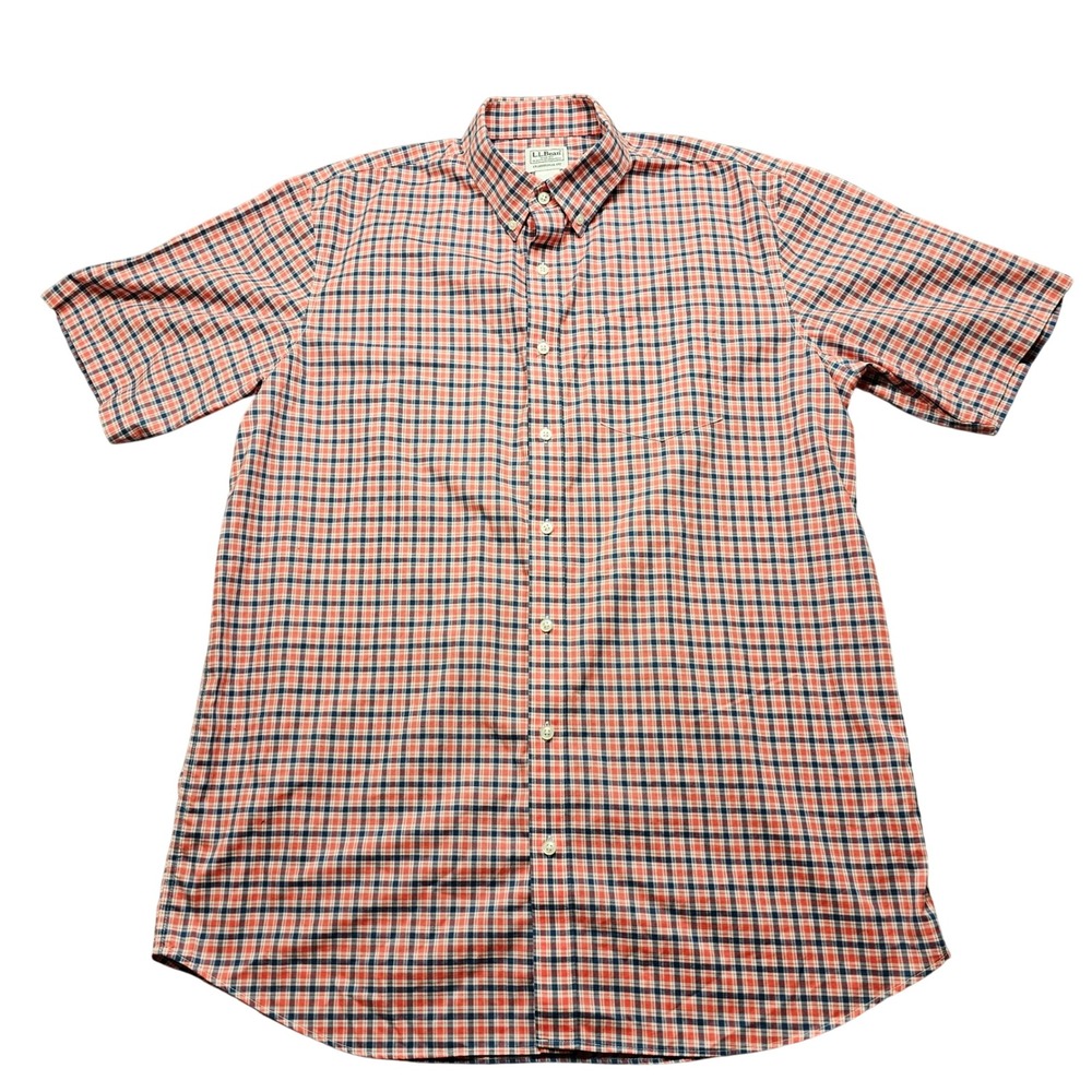 LL Bean‎ Mens Large Tall Plaid Short Sleeve Button Down Shirt Red Blue 502820